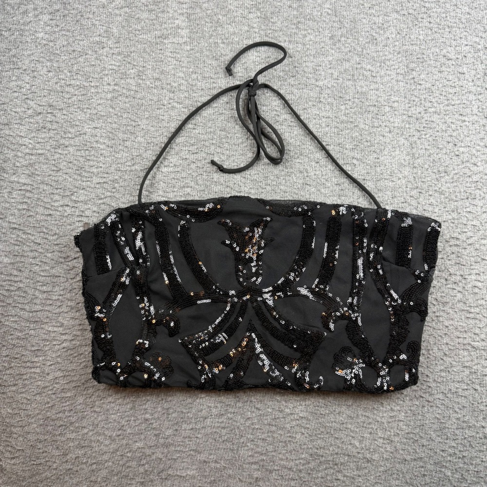 Windsor Sequin Halter Crop Top Women's L Black Silver Mesh ST7118-T